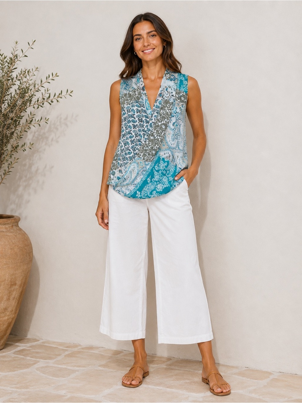 New York & Company sleeveless blouse drape faux wrap XS paisley floral blue tan